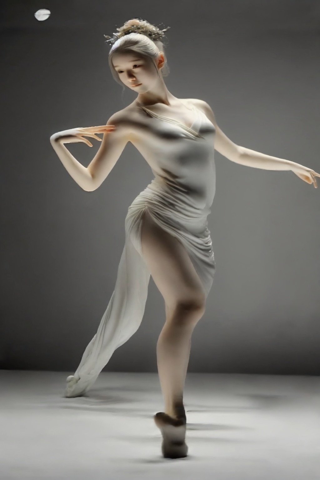 shouban,<lora:手办_v1.0:1>,1girl,modern dancers,standing on one foot under the spotlight on stage,dynamic skirt hem flying,eyes firm and resolute,body strength and softness coexist,exquisite stage background,