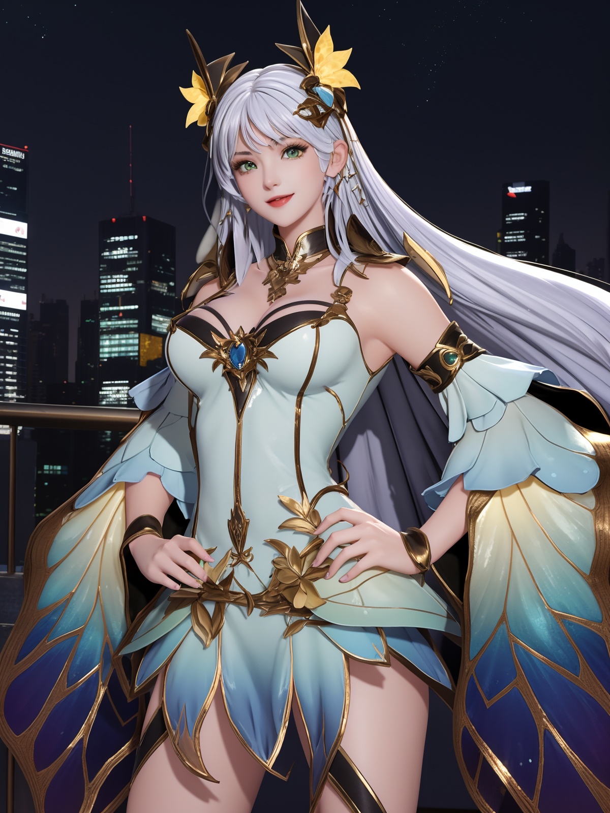WZRYdiaochanJSZXY, 1girl, solo, long hair, dress, detached sleeves, white hair, looking at viewer, green eyes, hair ornament, high heel boots, <lora:WZRYdiaochanJSZXY:0.75>,cityscape, night,light smile,