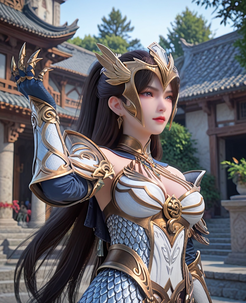 (oriental architecture, elegant decor, sophisticated style:1.1),Standing with arms stretched upwards, reaching for the sky,,(breasts:1.2),<lora:XL完美世界女武神:0.9>,female valkyrie,solo,armored dress,helmet,pink eyes,black hair,half tied ponytail,long hair,shoulder armor,faulds,armguards,large breasts,gloves,claw ring,tassels,, zPDXL2, score_9, score_8_up, score_7_up BREAK realistic, masterpiece,best quality, highly detailed,, zPDXL3, zPDXL2,zPDXL, zPDXLxxx, zPDXLrl,