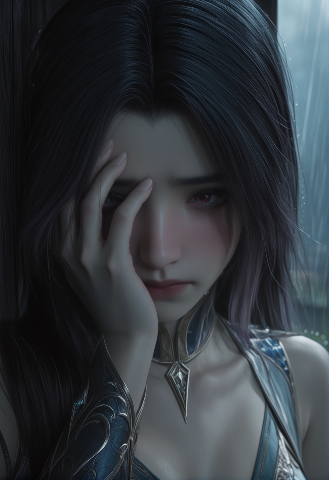 masterpiece,best quality,amazing quality,high resolution,ultra-detailed,absurdres,(looking at viewer:1.1),upper body,(moody lighting:1.1),1girl,solo,long hair,makeup,BREAKcollarbone,sheer overlay,bare shoulders,jewelry BREAK photorealistic details,facepalm,shy,blush,<lora:王秋儿gh:0.7>,sad,tears,streaming_tears,teardrop,rain,