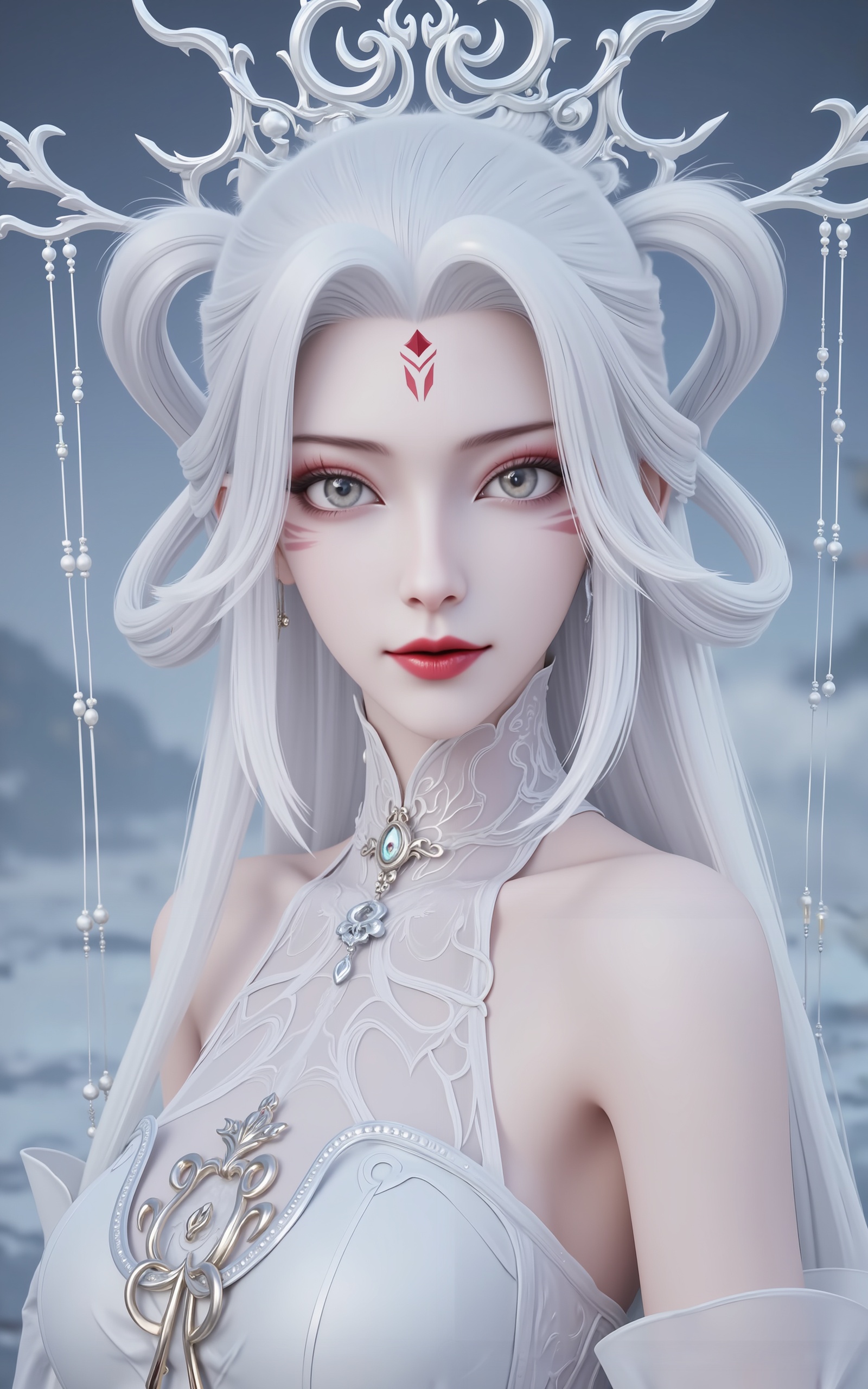 <lora:小白·新建模6:1>,xiaobai,1girl,solo,long hair,white hair,dress,facial mark,hair ornament,bare shoulders,forehead mark,white dress,red lips,detached sleeves,hair rings,makeup,looking at viewer,hair stick,grey eyes,1girl,toenail polish,barefoot,toenails,nail polish,anklet,feet,solo,dress,toes,jewelry,silver dress,legs,blurry,blurry background,foot focus,red nails,close-up,11,cover,gradient background,close-up details,outstanding style,adding a touch of dimension to your images without compromising details,close-up,<lora:DJ滤镜_2.5D版:0.3>,lvjing,<lora:绚丽多彩·10:0.4>,guoman,