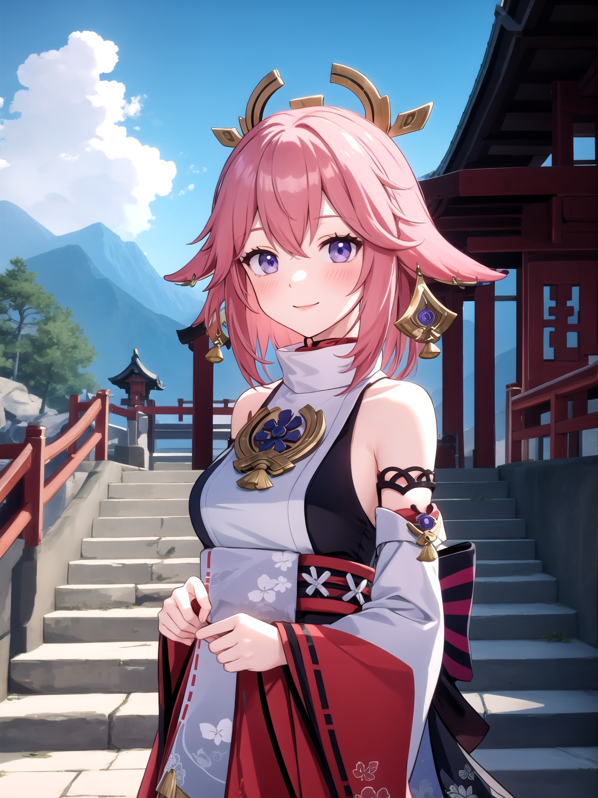 (best quality),((masterpiece)),<lora:[角色]-[八重神子-原神]yaemiko1-000008:1>,yaemikodef,upper body,smile,blush,outdoors,day,simple background,blue sky,short hair,sky,temple,looking at viewer,stairs,mountain,moody lighting,facing viewer,