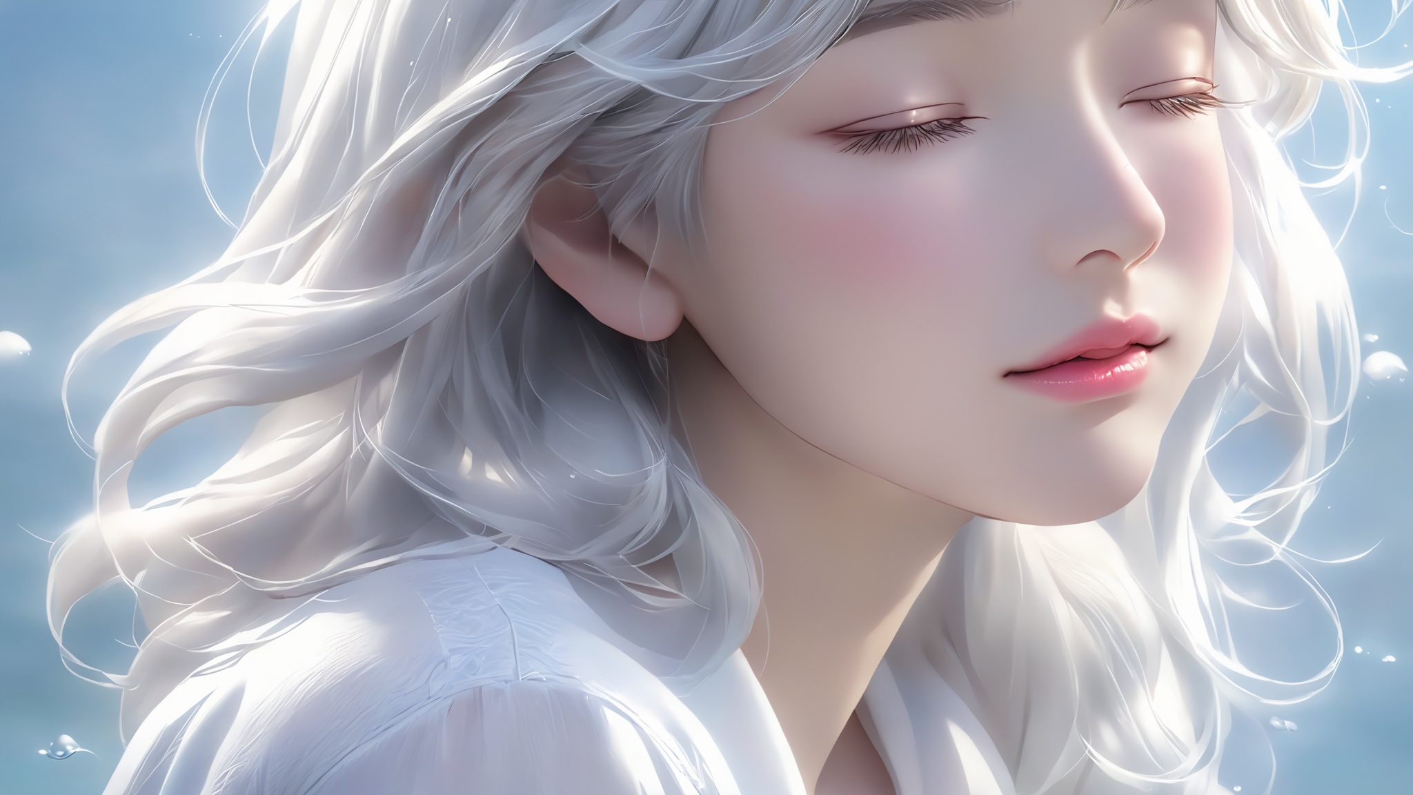 1girl, lips, realistic, solo,Silver white hair, white shirt, slightly rosy face,((open your eyes))