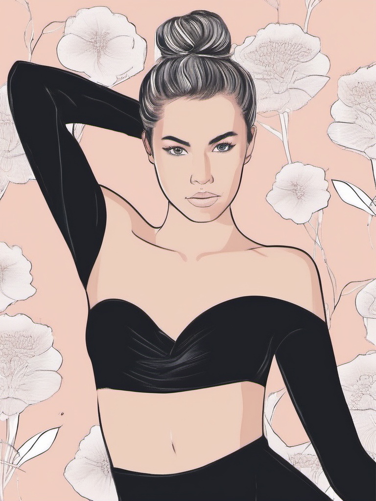 1NK ,  ,  The image are a black and white illustration of a young woman in a strapless bodysuit. She is standing with her...