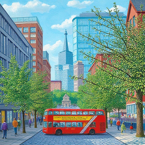 Create an image of a bustling urban landscape in the style of David Hockney. The scene should feature a busy street with a...