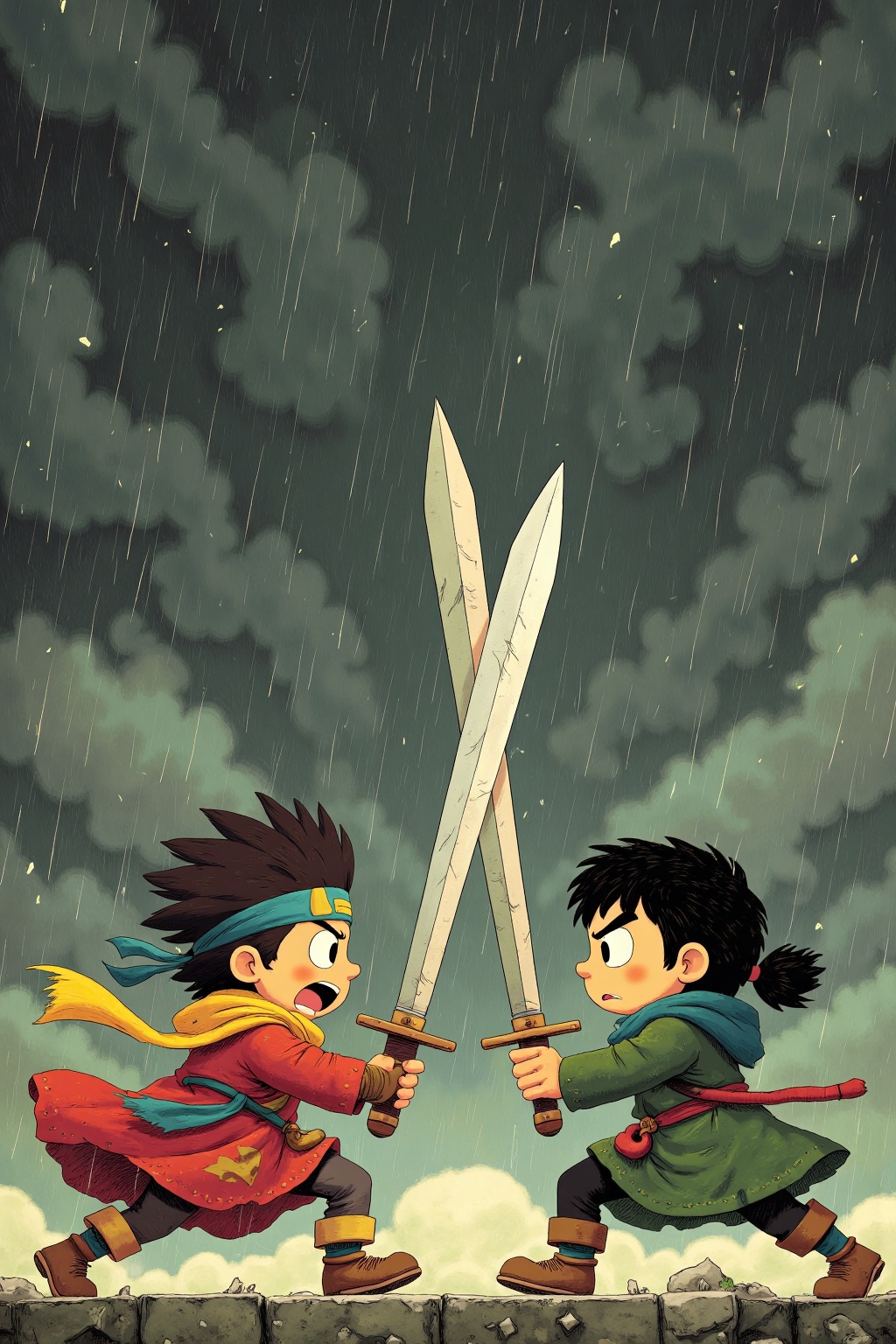 beijihui,Captured at eye-level, a cartoon depiction of two cartoon characters engaged in a battle. The character on the left is dressed in a red coat with a yellow scarf around his neck, and a blue headband on his head. He is holding a sword in his right hand, and he is facing to the right. His right hand is positioned in front of him, while his left hand is in the air. His mouth is open, as if he is screaming. His eyes are white, and his mouth is slightly open. His hair is black, and it is tied in a ponytail. The background is a dark gray, and there are white rain drops falling from the sky.