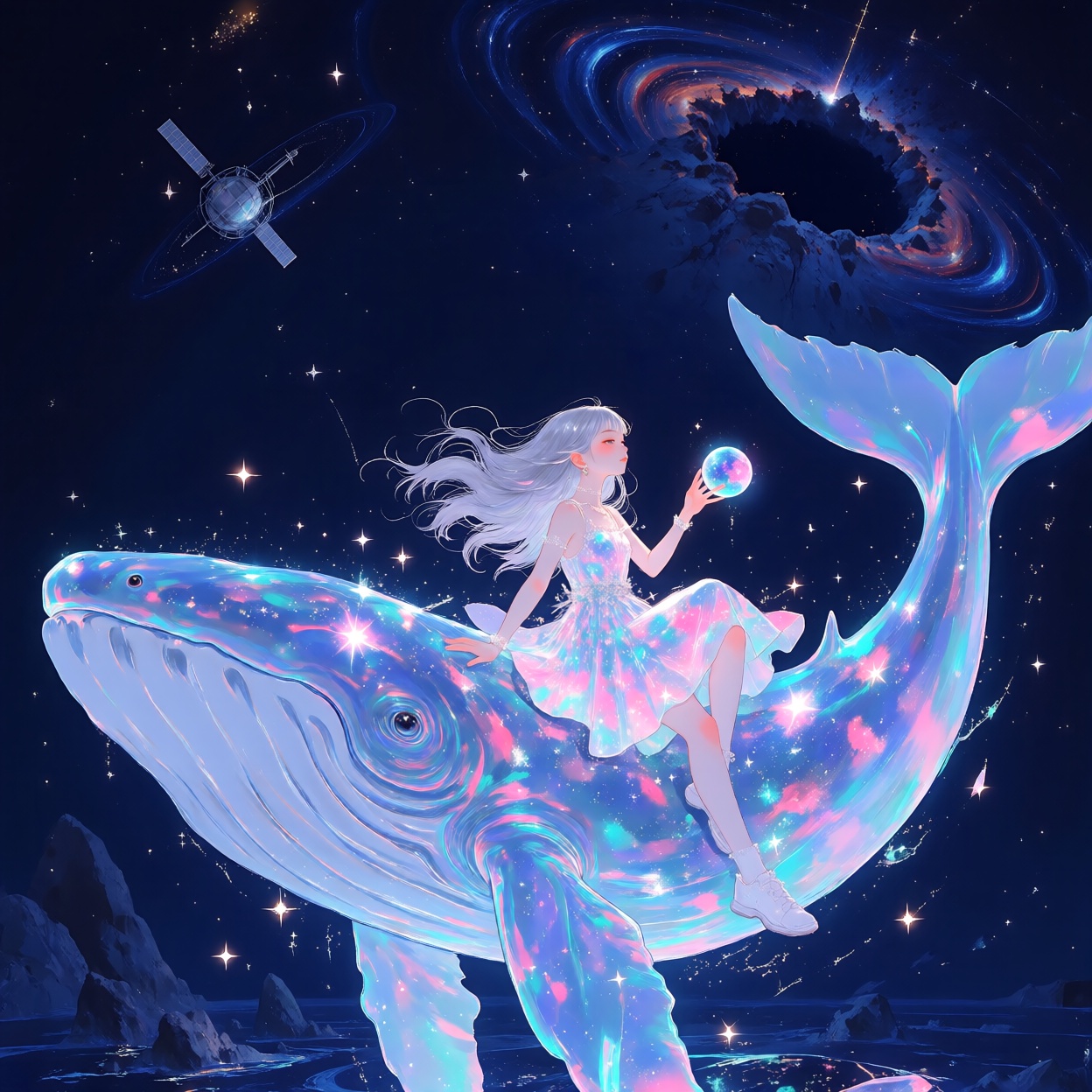 一个银色长发在宇宙风中飘动的年轻女孩坐在一条巨大的半透明鲸鱼身上,  鲸鱼体内闪耀着粉红色和青色的星云,  她穿着一件由星尘制成的裙子 by BP-miaomiao on Tensor.Art