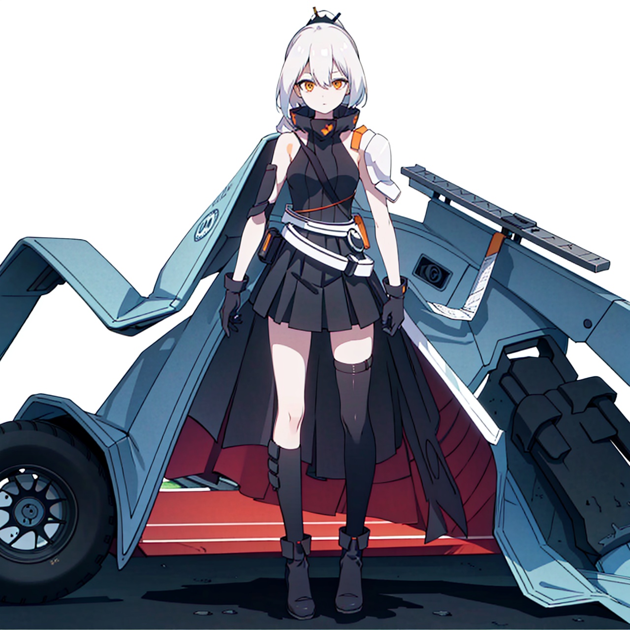 (masterpiece:1.3),(the best quality:1.2),(super fine illustrations:1.2),(Masterpiece),high quality,high detail,(white background:1.2),looking at viewer,(SOLO:1.4),outline,simple background,full body,<lora:游侠星死士_复制:0.8>, 1girl,monocular eye patch,hair ribbon,black ribbon,jacket,dress,thighhighs,ponytail,horns,short sleeves,hair between eyes,skirt,hair flaps,long hair,hair ornament,white hair,orange eyes,gloves,black gloves,