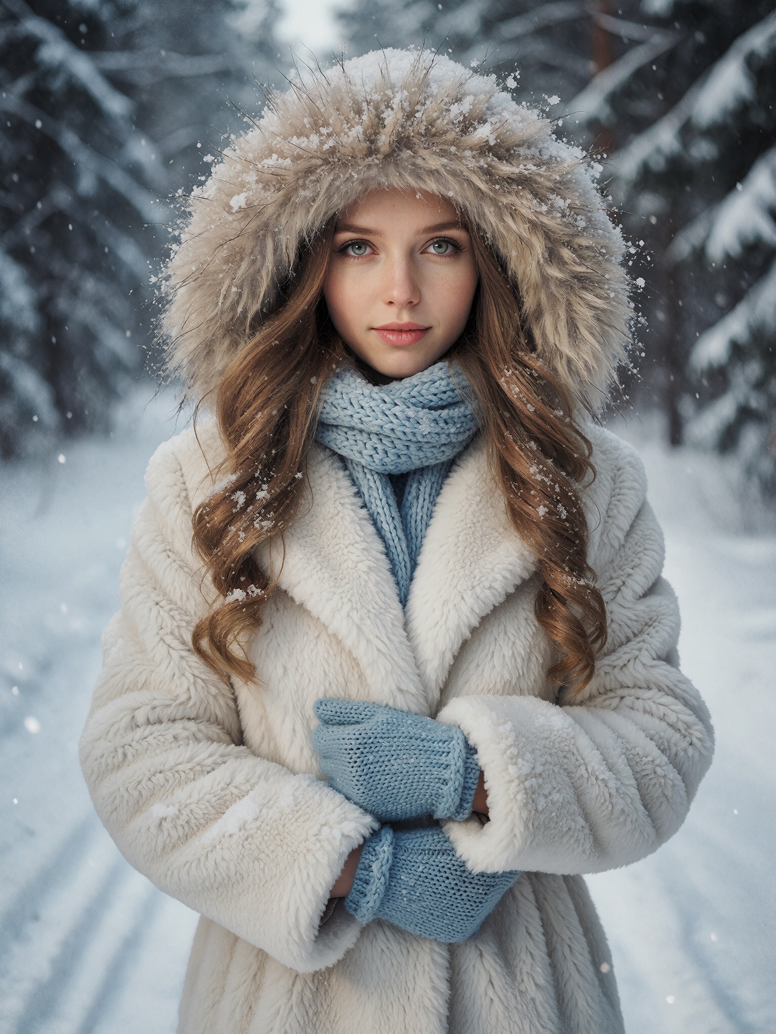 Sean Archer style,  girl in a white coat in a snow-covered forest,  cool powder blue grading on Tensor.Art