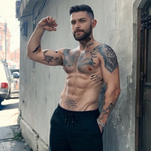1boy, abs, arm tattoo, short hair,day, euphil,  realistic, solo,  <lora:SD1.5_EUPhil.v1.0:0.6>