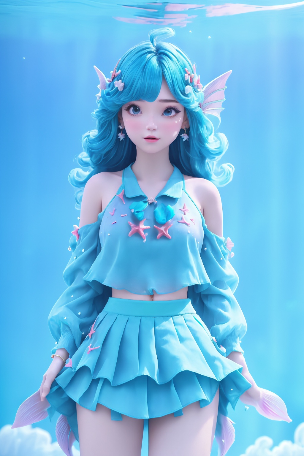 (1girl),smooth chin,masterpiece,detailed face,((hair ornament)),top quality,4k,make up,best quality,alone,single,solo,only one,one character,blush,(body blush),(detached sleeves),earrings,(blue hair),under water,(head fins),long hair,(from below),ocean,(puffy hair:1.13),head wings,frilled skirt,frilled clothes,model,looking at viewer,Cute Women,frilled shirt,bubble skirt,green skirt,full body,(detached shirt),bandeau,blue skirt,(Prayer with both hands),Masterpiece, the best quality,(The best hand)
