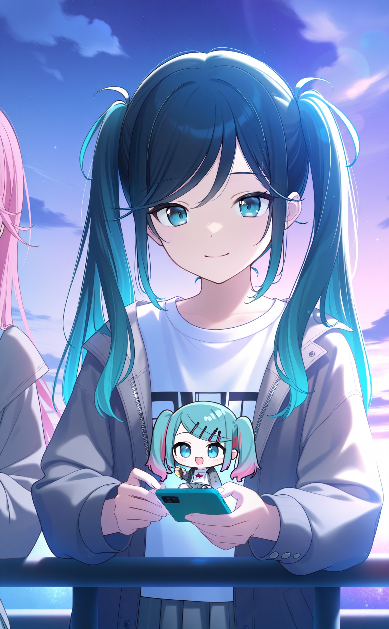 masterpiece,very aware,(highres),absurdres,newest,best quality,high quality,chromatic_aberration,White Theme,lightblue Theme,//,holding, multiple girls, jacket, shirt, 2girls, phone, holding phone, sky, guitar, chibi, cellphone, twintails, pink hair, long hair, multicolored hair, instrument, hatsune miku, smartphone, white shirt, holding instrument, railing, smile, blue eyes, black hair, solo focus, open jacket, gradient sky, closed mouth, open clothes, swept bangs, grey jacket, outdoors, light particles, cloud, hair ornament, electric guitar, gradient hair, minigirl, looking at viewer, blue hair, purple sky, against railing, twilight, dot nose, evening, upper body, chibi inset, long sleeves, mini person, hairclip, cloudy sky, open mouth, aqua hair, t-shirt, skirt, backlighting, zipper, blue sky, sidelocks, holding plectrum, plectrum, star \(sky\), grey skirt, light smile, pleated skirt//,absurdres,newest,very aesthetic,amazing quality,highres,sensitive,ultra detailed,best anatomy,HDR,8K,high detail RAW color art,high contrast,illustration,depth of field,(colorful),phenomenal aesthetic,detailed light,blurred picture,Tyndall effect,contrast,lens flare,cinematic lighting,//,<lora:timmoo——【noob】hans:1>,