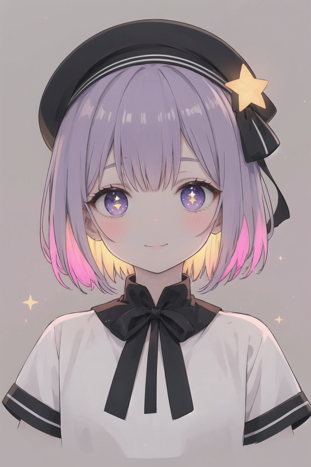 luminous,1girl,solo,smile,hat,short sleeves,purple hair,looking at viewer,short hair,upper body,multicolored hair,shirt,beret,sparkle,closed mouth,ribbon,white headwear,bangs,neck ribbon,blush,glowing,star \(symbol\),symbol-shaped pupils,white shirt,star-shaped pupils,<lora:luminous_V5-000005:1>,, masterpiece, best quality, highres,