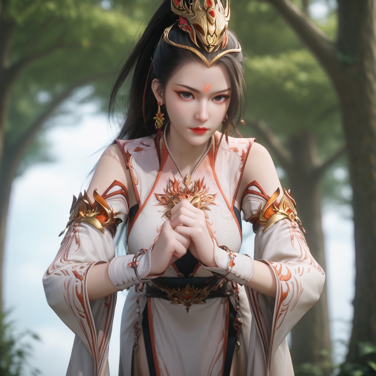 score_9,score_8_up,score_7_up,score_6_up,best quality,masterpiece,8k,simple background,sfw,bright,perfect hands,depth of field,<lora:酒玖-师兄啊师兄-pony:0.8>,jiujiu,1girl,solo,jewelry,forehead mark,earrings,dress,long hair,ponytail,hair ornament,closed mouth,looking at viewer,bare legs,pelvic curtain,makeup,large breasts,slender body,standing,clenched hand,leaning forward,in the yard,tree,flower,