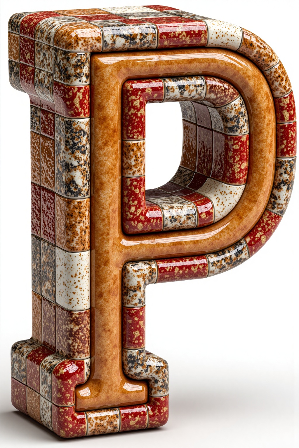 beijihui,The icon design of the text " P " is **** of Tile,mosaic terracotta,hyperrealistic,hyperdetail,front view,studio lighting,100mm lens,white solid background,