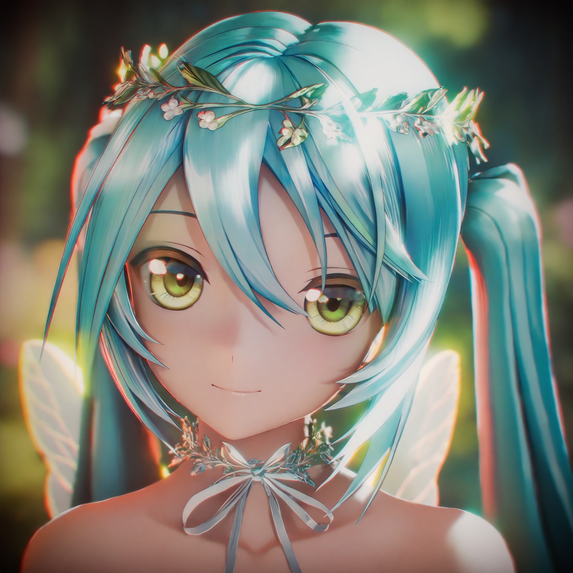 masterpiece,absurdres,best quality,loli,petite,high quality,chromatic_aberration,//,1girl, hatsune_miku, wings, solo, blurry, twintails, blurry_background, looking_at_viewer, aqua_hair, long_hair, bare_shoulders, head_wreath, bokeh, hair_between_eyes, depth_of_field, fairy_wings, choker, upper_body, green_eyes, closed_mouth, light_smile, hair_ornament, ribbon, yellow_eyes, collarbone, backlighting, flower_wreath, smile, transparent_wings, neck_ribbon, portrait, fairy, insect_wings, flower, blue_hair, glowing, hair_flower, ribbon_choker, white_ribbon//,Depth of field,(colorful),hdr,Tyndall effect,depth of field,Tyndall Effect,blurry,blurry_background,depth_of_field,bokeh,glowing,//,<lora:MMDguangwuran2——【noob】hans:1.15>,