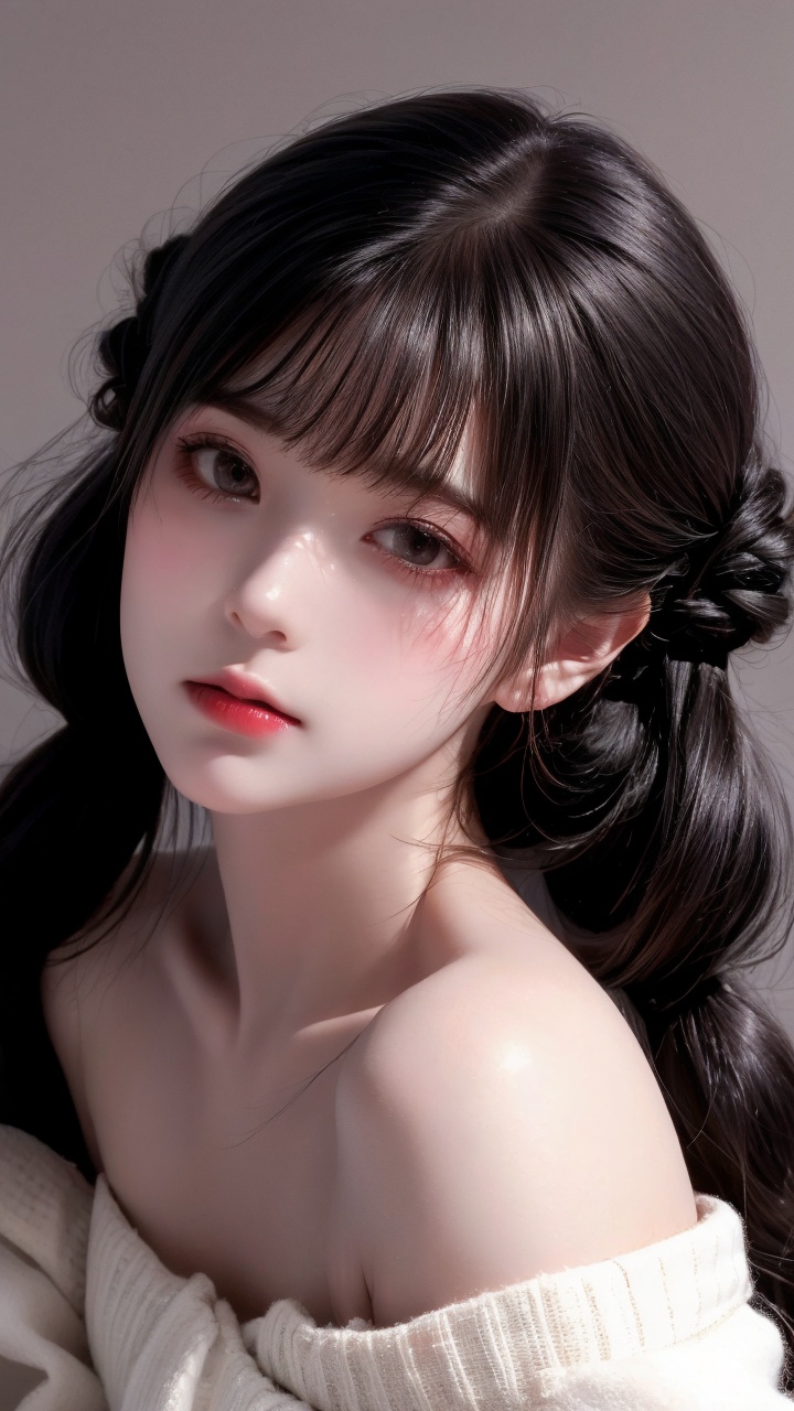 1girl,solo,twintails,looking at viewer,off shoulder,realistic,parted lips,bare shoulders,long hair,upper body,black background,breasts,simple background,collarbone,white hair,off-shoulder shirt,lips,red lips,bangs,grey eyes,shirt,nose,eyelashes,makeup,off-shoulder dress,