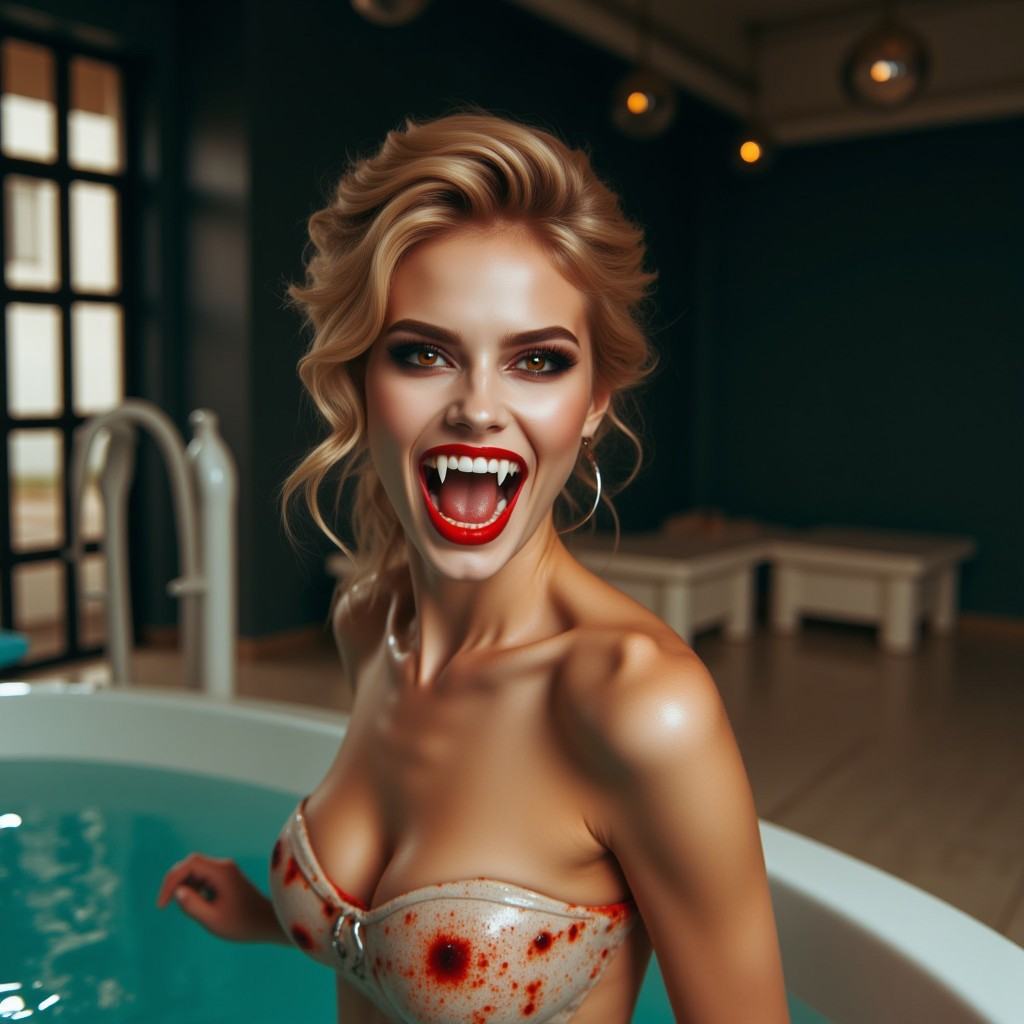 ampyfangs1 vampire woman Strigoi nosferatu fangs lady female in a hot tub on Tensor.Art