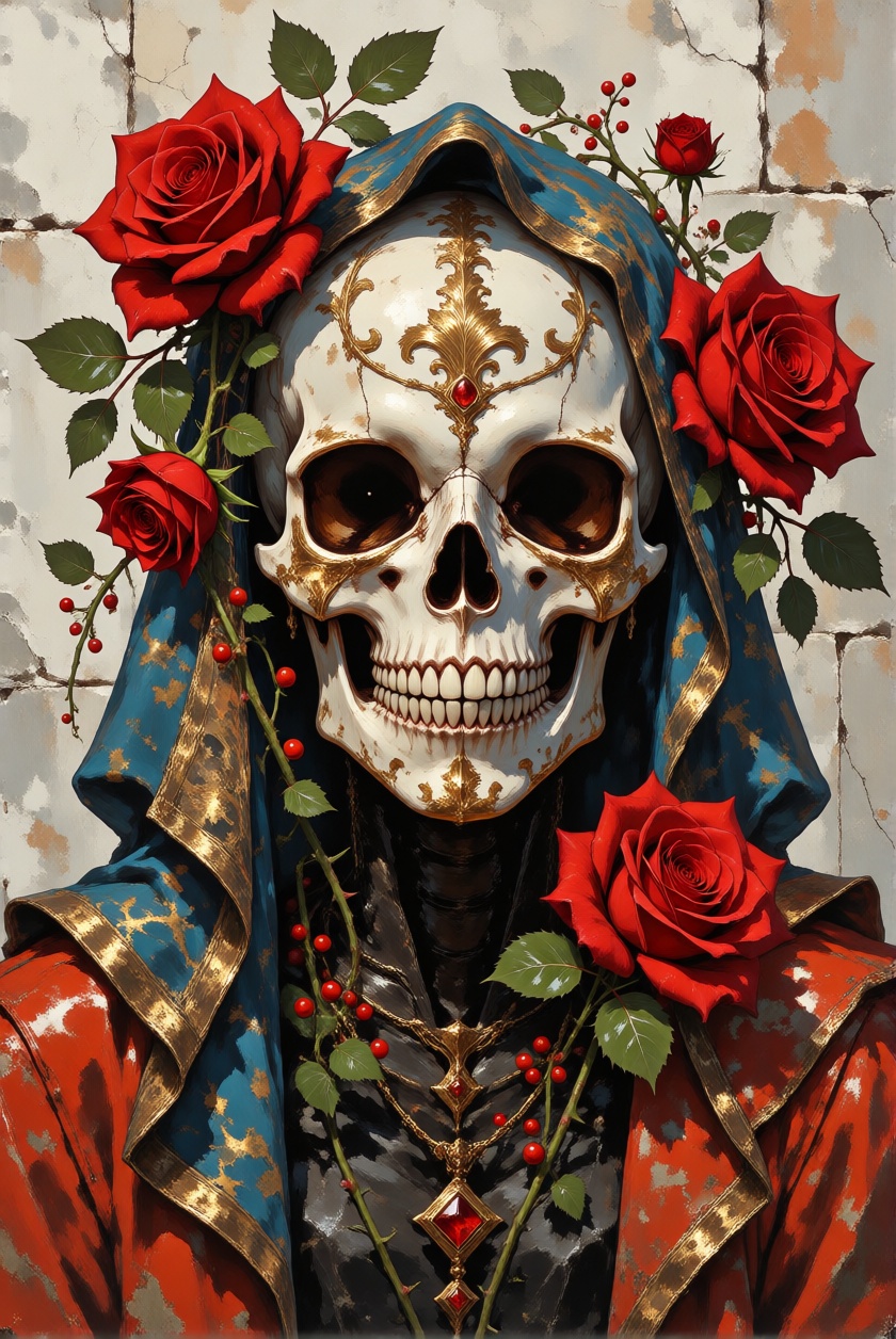 RawColorDaal,  Hyperrealistic digital painting in a Baroque-inspired surrealist style,  blending Mexican Day of the Dead i...