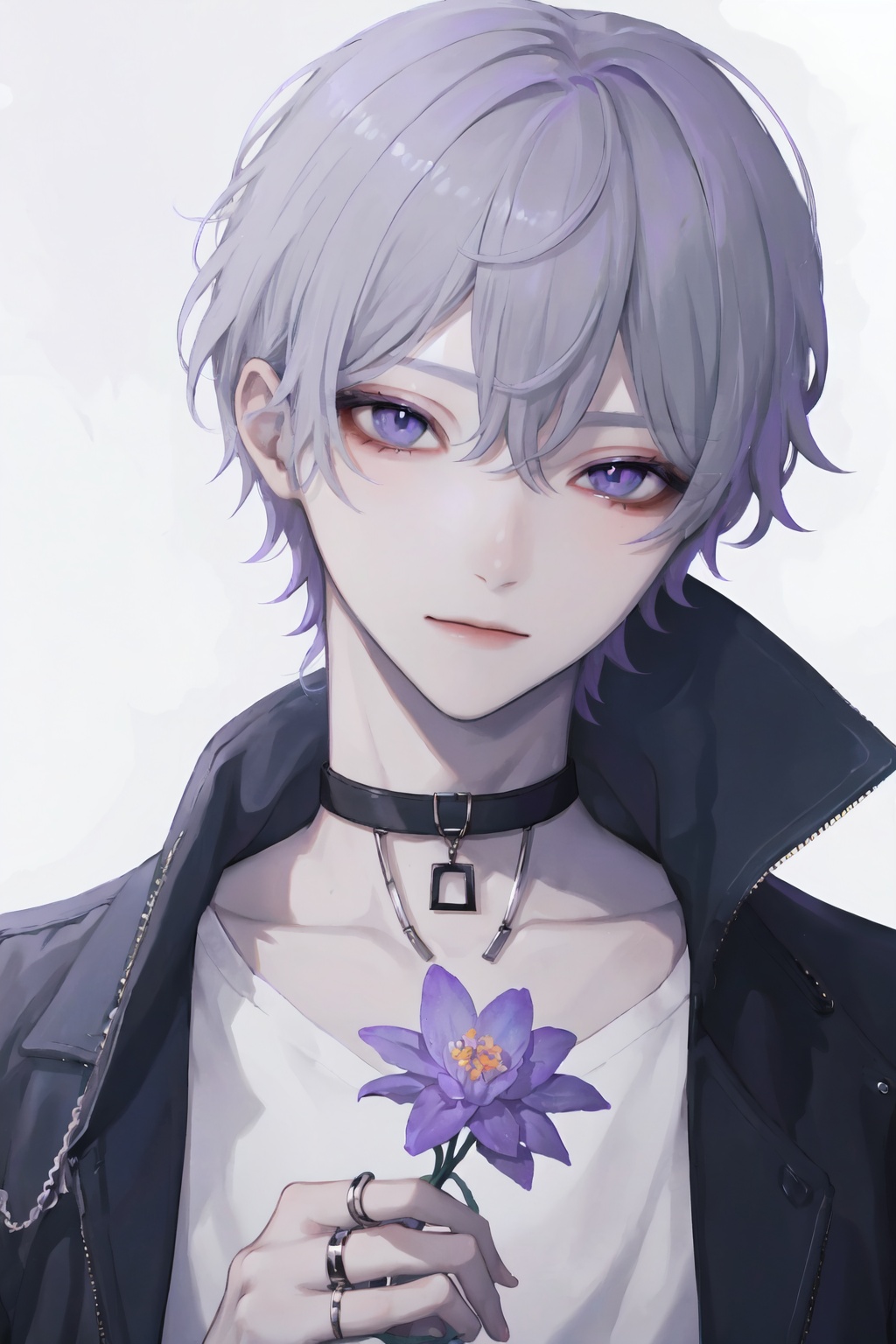 1boy, male focus, flower, solo, holding, jewelry, holding flower, ring, short hair, looking at viewer, choker, shirt, bishounen, jacket, upper body, white shirt, white background, black choker, grey hair, purple flower, closed mouth, blue eyes, ct-style, beautiful eyes