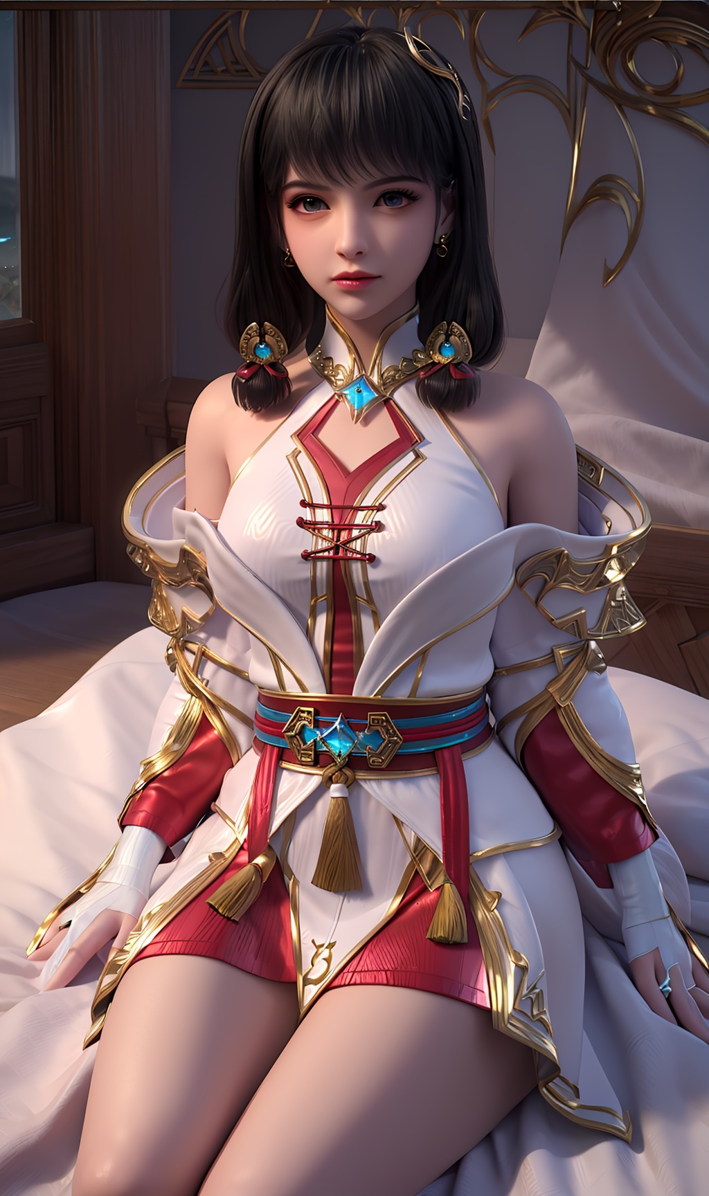 3D,masterpiece,(best quality),(makeup),official art, extremely detailed cg 8k wallpaper,((crystalstexture skin)), (extremely delicate and beautiful),(highly detailed),(face),(1girl), (solo), (jewelry), (earrings),(black_hair),(long_hair),(hair_ornament),(handwear),(breasts),(sitting),(collar),(wristband),(hair_tubes),(tassel),(gold_trim),,((upper_body)),(off-shoulder_dress),,(multicolored_clothes),(multicolored_dress),(closed_mouth),(gloves),(shiny_clothes),(shoulder_armor),(long_legs),(sunshine, outdoor,bed),((looking_at_viewer)),((Facing the camera)),, <lora:hipoly3DModelLora_v10:0.3>