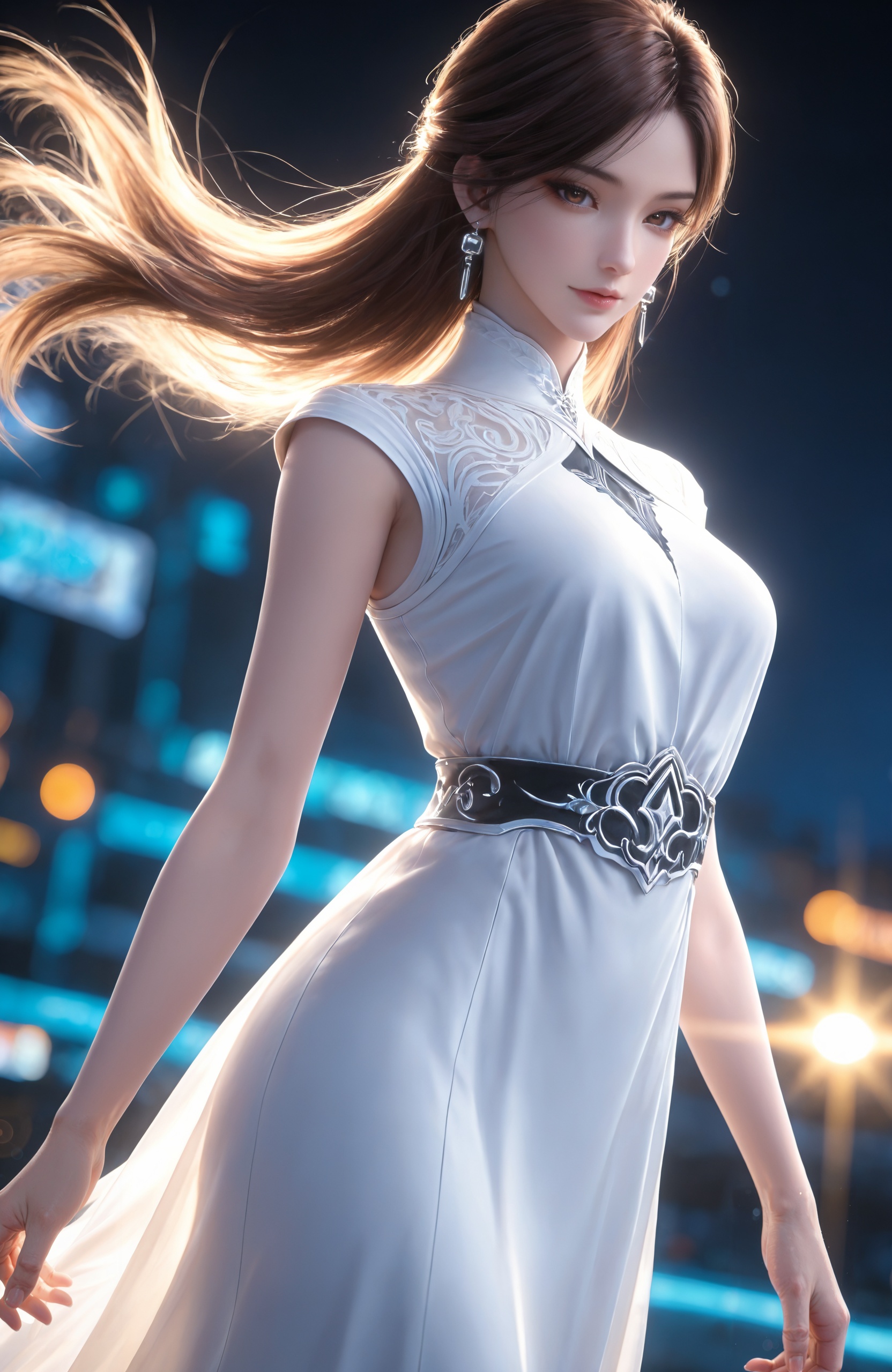 <lora:深空彼岸-赵清菡IL:0.7> 1girl, brown hair, long hair, brown eyes,earrings, jewelry, white dress,long dress,sleeveless, belt, lips,white footwear, high heels,, realistic style photo,outstanding style,Use soft lighting to cast gentle shadows on the subject,adding a touch of dimension to your images without compromising details,whirls of vapor,(Anime:1.1),soft neon light,ethereal ambiance,delicate details,magical atmosphere,concept art,highly detailed,ultra-high resolution,32K UHD,sharp focus,best-quality,masterpiece,golden hour,unconventional supreme masterpiece,masterful details,temperate atmosphere,with a high-end texture,in the style of fashion photography,magazine style,Dynamic Angle,Dynamic posture,magazine style,Dynamic Angle,Dynamic posture,(cowboy_shot:1.2),eye trail,depth of field,cinematic lighting,lens flare,close-up,extreme aesthetic,(wlop:0.6),(honjou raita,lack,rella,wanke:0.5),masterpiece,best quality,good quality,newest,year 2025,very aesthetic,absurdres,Visual impact,A shot with tension,ultra-high resolution,32K UHD,sharp focus,best-quality,masterpiece,Emotionalization,unconventional supreme masterpiece,masterful details,temperate atmosphere,with a high-end texture,in the style of fashion photography,(Visual impact:1.2),giving the poster a dynamic and visually striking appearance,, solo,upper body,looking at viewer,gradient background,gradient,blue background,black background,
