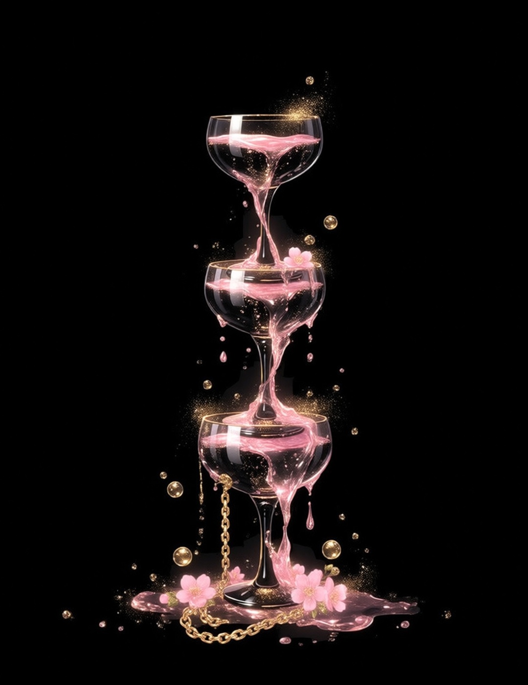 强调"液体的流动感",  香槟杯堆叠成塔,  溢出粉色的液体 by BP-miaomiao on Tensor.Art