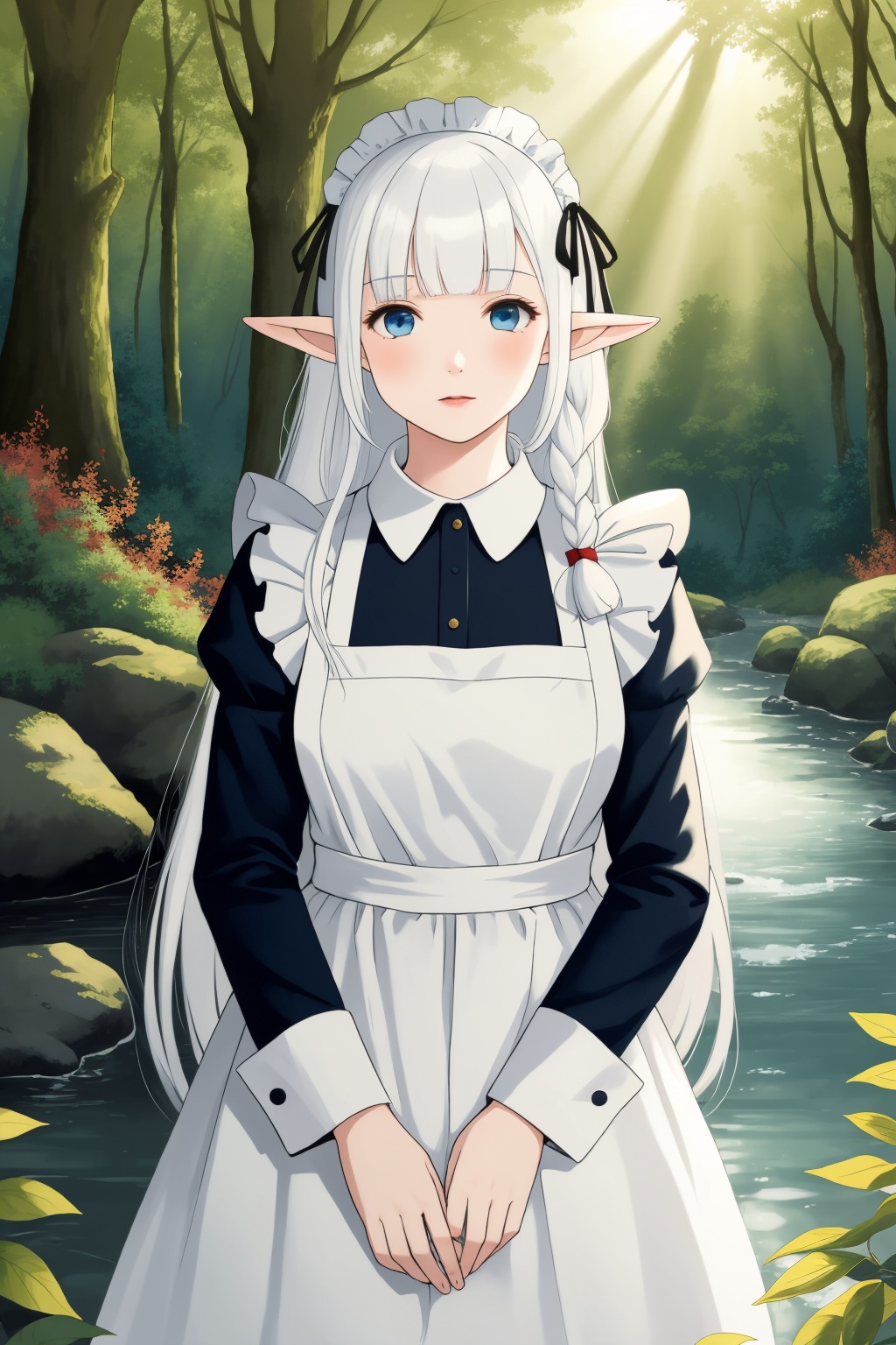 realistic,Nephelia,1girl,pointy ears,blue eyes,very long hair,white hair,elf,apron,maid,collar,braid,dress,long sleeves,frills,blunt bangs,hair ribbon,<lora:lbc_Nephelia_v1.0:0.8>,(detailed light) , feather, leaves, nature, (sunlight), river, (forest),(bloom),