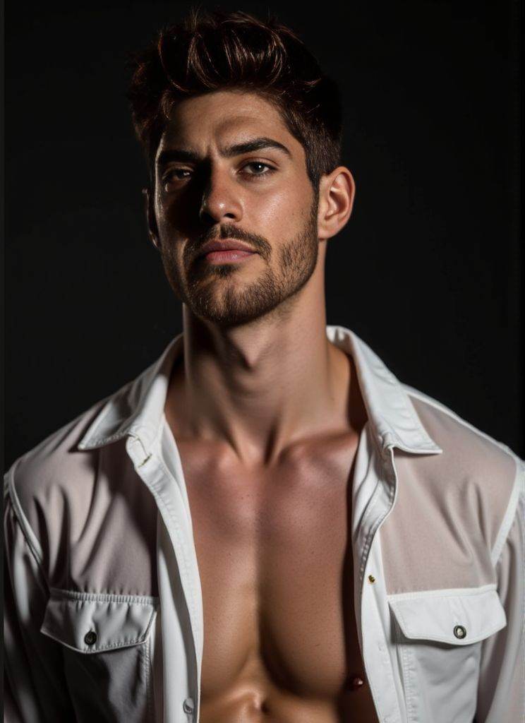 Ken Bek ,  Photorealistic . sheer white shirt half‑removed. intricate fabric textures. dramatic studio lighting. ultra‑sha...