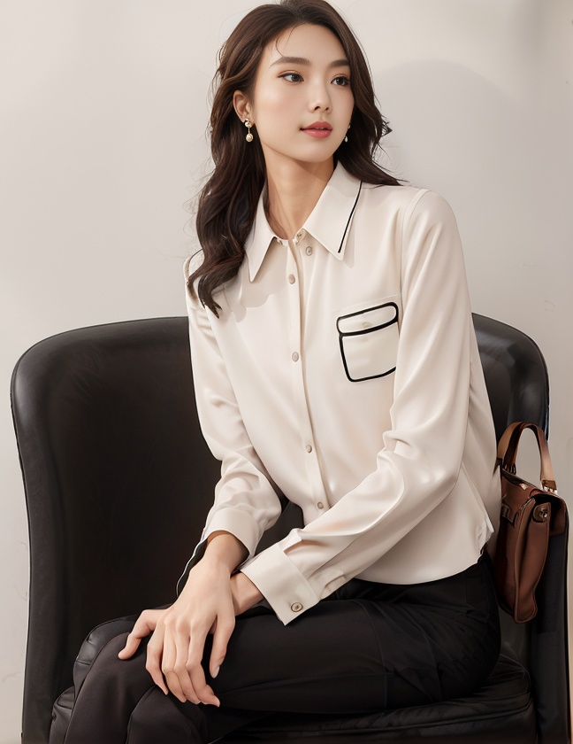1girl, and, black, brown, brown_hair, chair, earrings, hair, handbag, her, hip, holding, jewelry, lips, long_hair, medium, pandas, pants, pantyhose, parted, shirt, shorts, sitting, sleeves, spring, wall, white, woman, <lora:SD1.5_SpringCloth1.28:0.8>