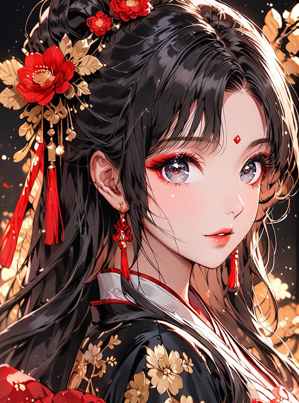 Hanfu,O,1girl, solo, hair ornament, looking at viewer, hair flower, flower, lantern, upper body, chinese clothes, ribbon, black hair, parted lips, paper lantern, black eyes, long hair, fur trim, hair ribbon, red ribbon, long sleeves, bangs, hanfu, lips, black background, red lips, animal print