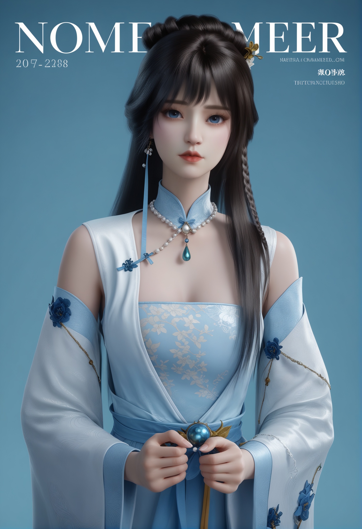 score_9,score_8_up,score_7_up,1girl,solo,(looking at viewer:1.1),1girl,solo,realistic,dress,white dress,china dress,chinese clothes,wide sleeves,shoulder cutout,clothing cutout,detached sleeves,long sleeves,1girl,solo,realistic,jewelry,hair ornament,hair flower,1girl,solo,realistic,(mature face:1.2),big eye,(pale_skin:1.1),shiny_skin,slender face,long hair,brown hair,black hair,hair bun,blue eyes,lips,closed mouth,realistic,solid background,simple background,(magazine cover theme:0.85),<lora:小巳-千琴pony:0.85>,