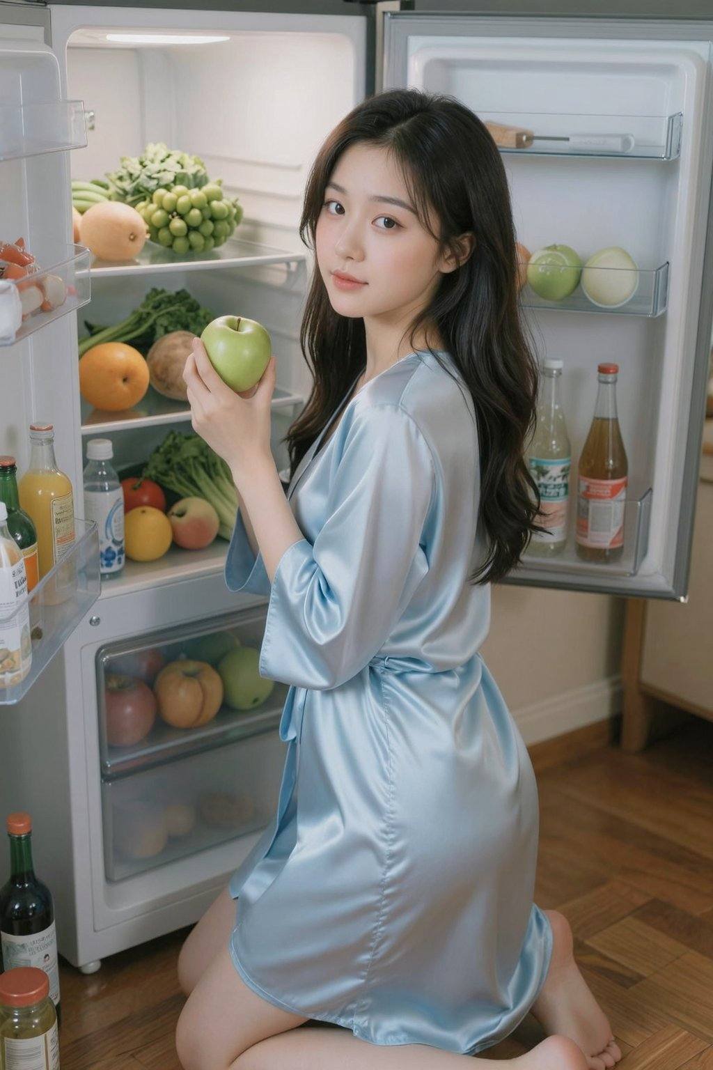 一位看起来二十出头的年轻亚裔女子站在敞开的冰箱前。她手中拿着一个绿色的苹果，目光直视着观者，神情愉悦。女子一头乌黑的长卷发披散在肩上。她身着一件柔和的淡蓝色缎面睡袍，轻柔地垂坠着，勾勒出她曼妙的身姿。冰箱里摆满了各种水果、蔬菜和调味品。柔和的漫射光突显了食物和缎面睡袍的质感。地板是木板铺成的。她周围散落着各种瓶瓶罐罐。整幅画面构图私密，捕捉到了居家场景中一个自然流露的瞬间，敞开的冰箱仿佛为女子构建了一个画框。整体氛围宁静祥和，柔和的色彩和自然光线营造出一种平静祥和的日常生活感。风格带有一丝柔和的现实主义气息。