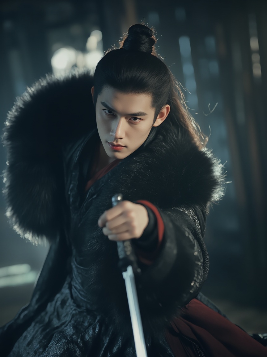 neomj,<lora:neomj古风v9_15:0.9>,A man with long dark hair pulled back in a top knot holds a sword to front,He wears a dark fur-trimmed jacket with a hint of red underneath. The background appears blurry and dark,with hints of light and some structure in the back. The man's face shows a focused expression.,