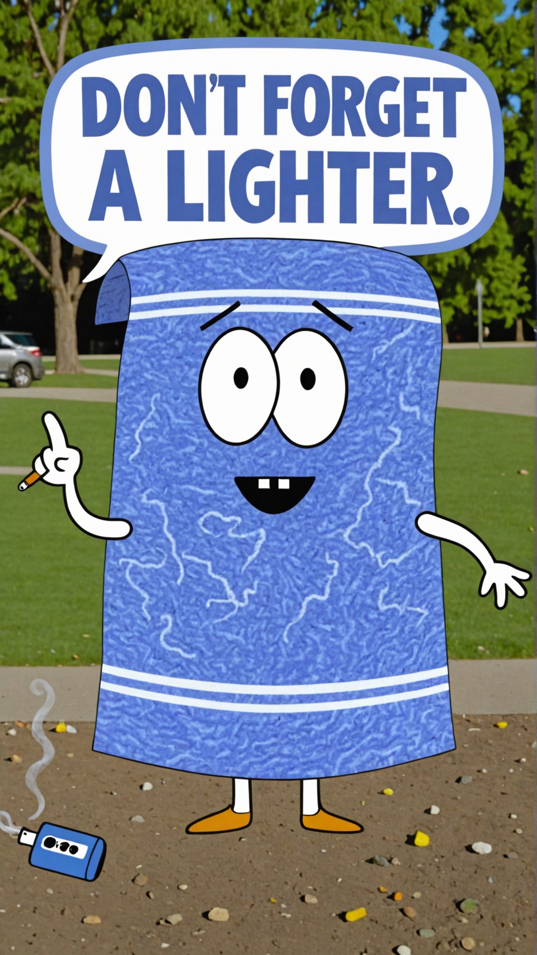 Photo of Towelie smoking weed at the park with a text bubble that says "dont forget a lighter" on Tensor.Art