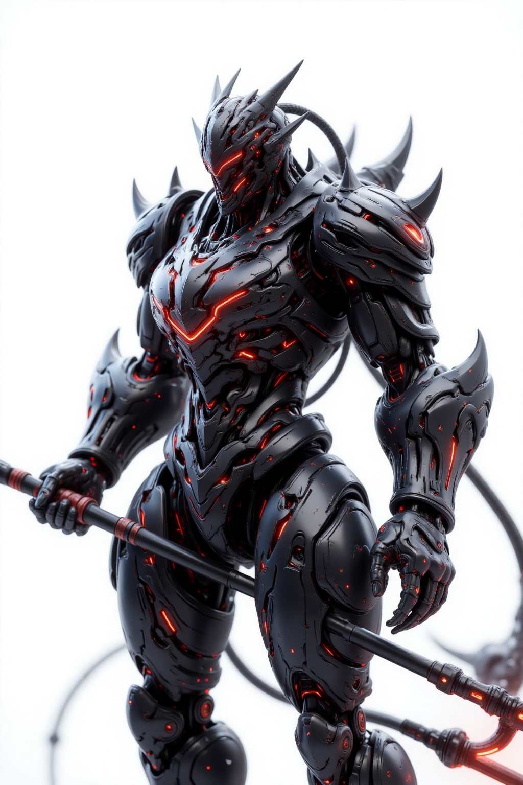 Mechanical metallic texture,Rendered by Unreal Engine 5,This is a science-fiction image showing a character wearing black mechanical armor and holding a trident with a red glow. The character's helmet has a sharp design,and the overall shape is full of futuristic and technological sense. The background is white,highlighting the character's outlines and details. The light of the image is soft,creating a mysterious and tense atmosphere.,highly detailed,ultra-high resolutions,32K UHD,best quality,masterpiece,