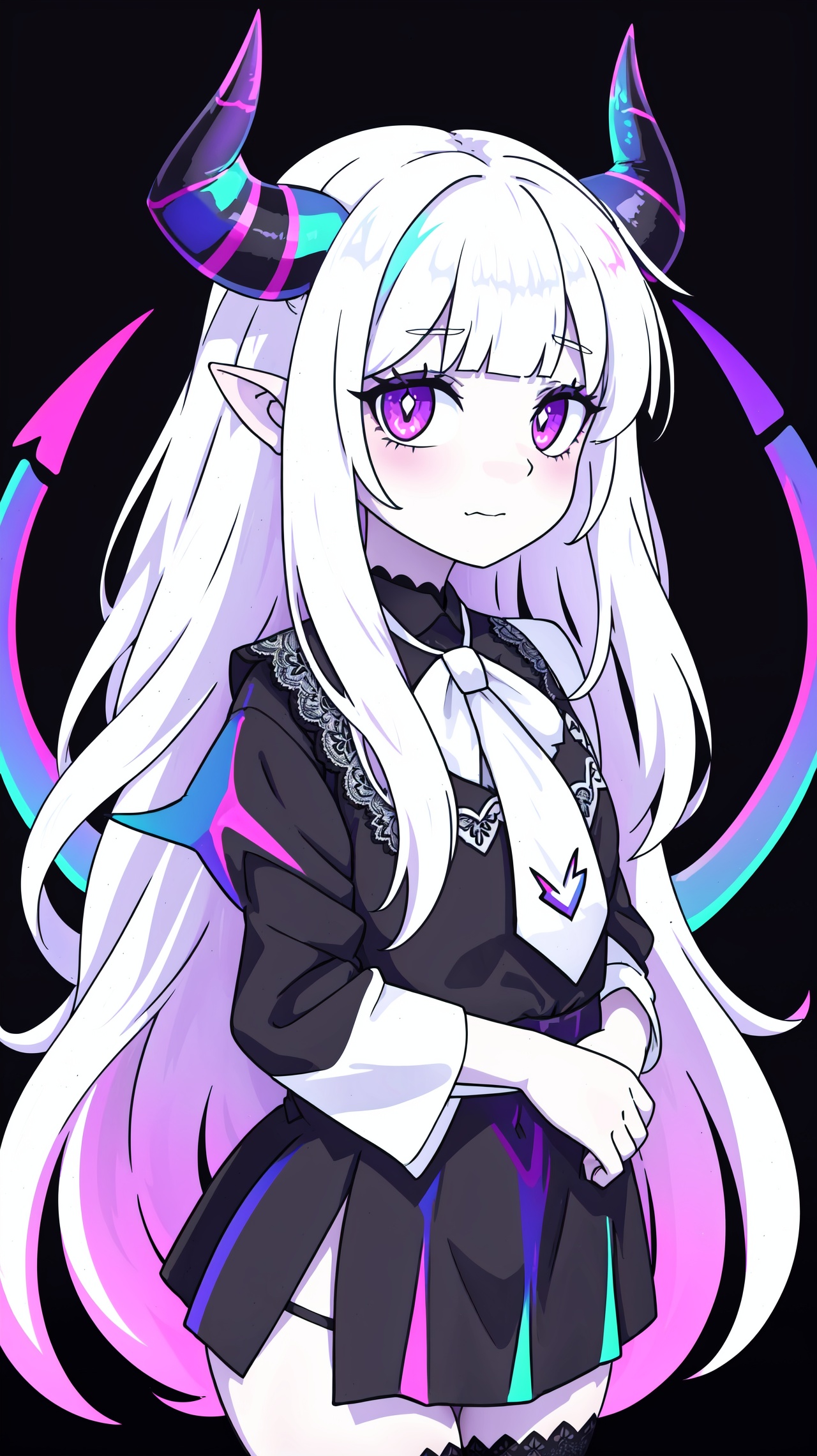pale demon girl, prismatic coloring, holographic vibe, chromatic black lace blouse, gothic background, (long straight horns:1.2)