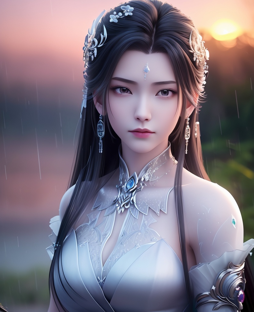 <lora:706-DA-诛仙-陆雪琪-新装束:0.8>(,1girl, ,best quality, ),looking at viewer,  ,,ultra detailed 8k cg, ultra detailed background ,ultra realistic 8k cg,          cinematic lighting, cinematic bloom, (( , )),,  , unreal, science fiction,  luxury, jewelry, diamond, pearl, gem, sapphire, ruby, emerald, intricate detail, delicate pattern, charming, alluring, seductive, erotic, enchanting, hair ornament, necklace, earrings, bracelet, armlet,halo,masterpiece, (( , )),, realistic,science fiction,mole,   ,cherry blossoms,,(((Best quality, masterpiece, ultra high res, (photorealistic:1.4), raw photo, 1girl, ,rain, , sunlight, sunset, qianqiu wanxia,     )))  (cleavage), (),