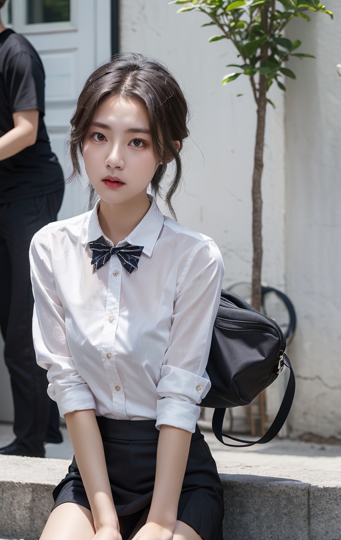 1girl,black pleated skirt,white shirt,necktie,outdoors,hands on wait,white legwear,<lora:腿:0.8,,,,