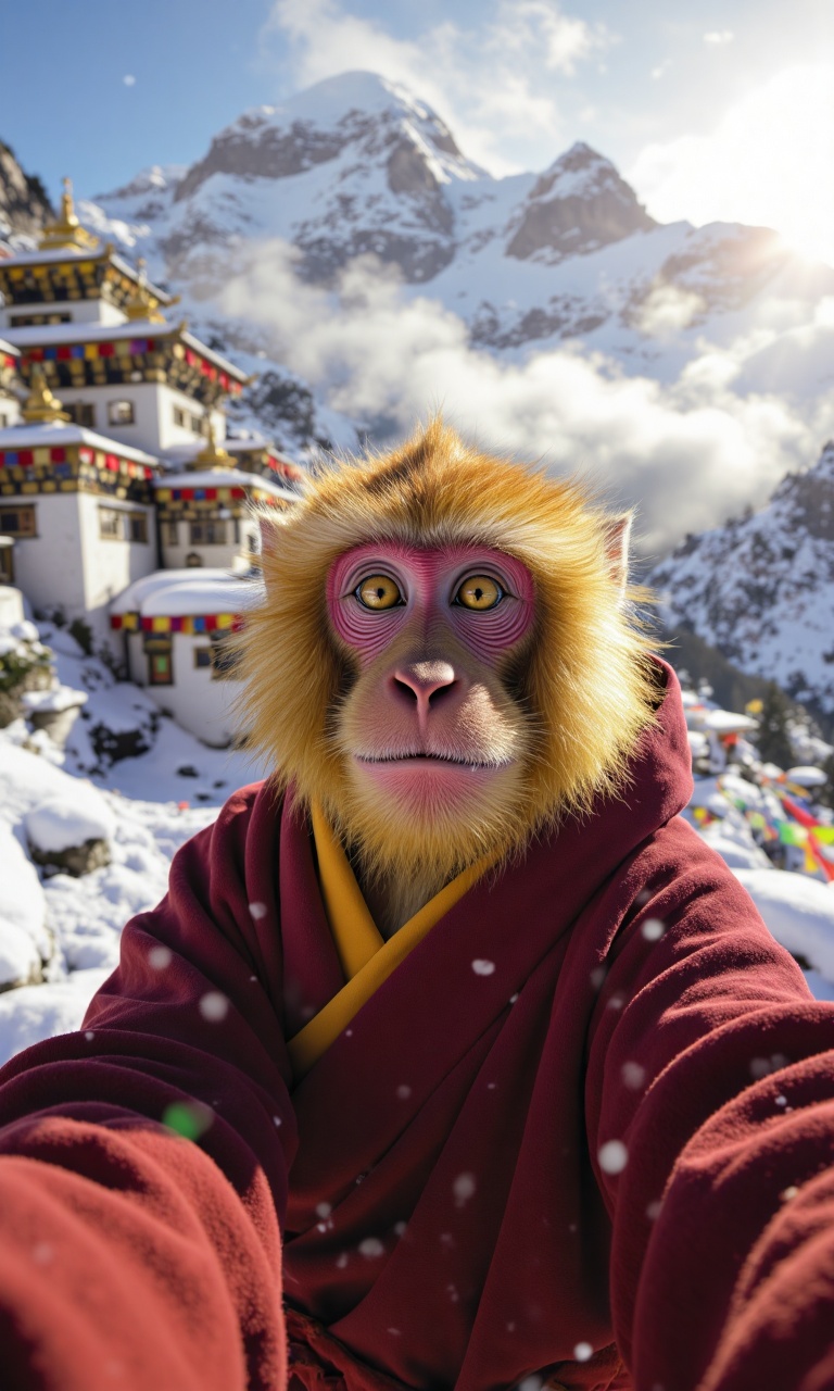 (realistic golden snub-nosed monkey in monk robe:1.3), anthropomorphic animal, snow-covered monastery, misty mountain peaks in background, prayer flags in wind, (selfie perspective:1.2), calm expression, fur gently lit by rising sun, cinematic mountain glow, photorealistic textures and snow particles, ultra-detailed, 8k, masterpiece, spiritual highland atmosphere