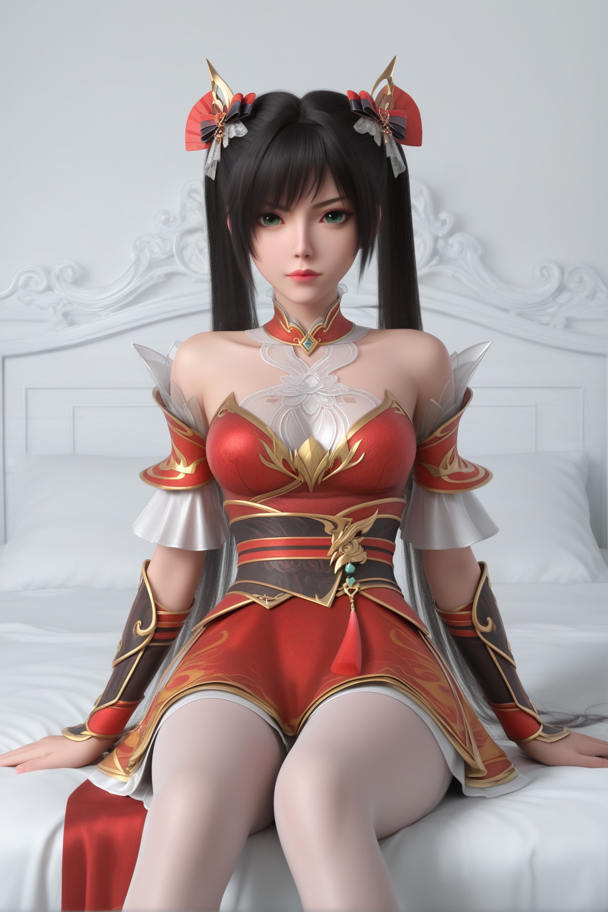 masterpiece,best quality,realistic,cinematic,detail eyes,(ultra-detailed),perfect composition,intricate details,absurdres,detailed face,high quality,high res,8K,<lora:X_chuyu_x_IL4.0:0.8>,black hair,green eyes,twintails,double bun,1girl,long hair,breast,medium breast,hair_ornament,dress,red skirt,white_pantyhose,sitting,white wall,bed,looking_at_viewer,
