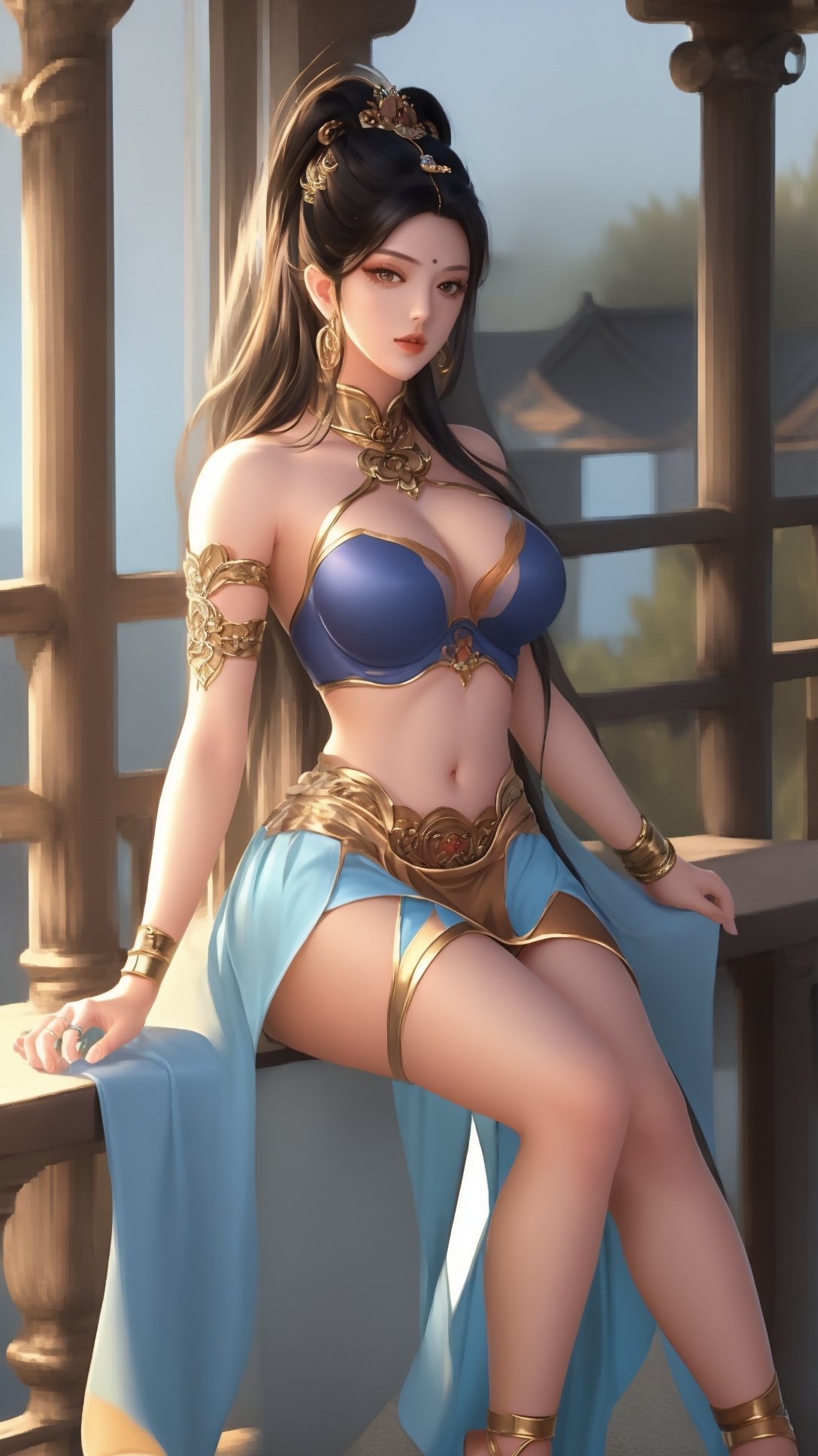 (1girl),smooth chin,masterpiece,detailed face,((hair ornament:1.2)),top quality,4k,make up,best quality,large breasts,(looking at viewer),ribbon,arms behind back,blue shawl,detached sleeves,forehead mark,legs,on street,full body,sitting on table,<lora:王者杨玉环遇见飞天_v1.0:0.9>,(big hair ring:1.5),hair ribbon,chinese clothes,orange skirt,midriff,anklet,armlet,