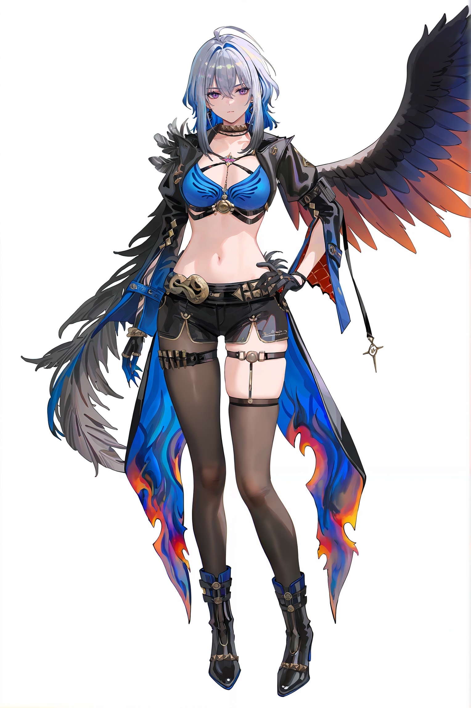8k,best quality,masterpiece,(ultra-detailed),(high detailed skin),((artist:reoen),(artist:fuzichoco),(artist:atdan),(artist:torino_aqua),year 2024:0.8)1girl,[artist:wlop],[artist:ningen_mame],artist:ciloranko,[[artist:rhasta]],artist:tidsean,colorful,jijia,2d,ambient light,full body,full shot,standing,looking at viewer,(solo:1.2),simple background,(white background:1.2),hand on own hip,(white background:1.1),<lora:Galbrena-will-Tanger:0.8>,Galbrena \(Wuthering Waves\),Galbrenadef,clothes: Galbrenadef clothes,Galbrenadef black shorts,Single-Shoulder Feathered black Capelet,Galbrenadef blue-and-black Hip Drapes,Galbrenadef black-and-blue long sleeves,Galbrenadef asymmetric black thighhighs,Galbrenadef blue right-hand,Galbrenadef black single left-glove,1girl,solo,breasts,boots,navel,white background,cleavage,purple eyes,jewelry,thigh strap,earrings,black footwear,grey hair,black pantyhose,pantyhose,Galbrenadef black single left wing,