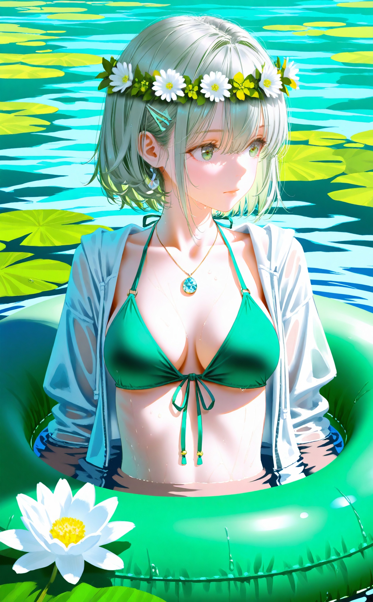 masterpiece,1girl,solo,swim ring,lily pad,green bikini,swimsuit,innertube,bikini,head wreath,jewelry,short hair,breasts,green eyes,water,partially submerged,sunlight,collarbone,necklace,jacket,open clothes,white hair,green theme,flower wreath,see-through,outdoors,pendant,looking to the side,white jacket,hair between eyes,wet,white flower,flower,afloat,open jacket,closed mouth,upper body,medium breasts,halterneck,front-tie top,front-tie bikini top,day,grey hair,hair ornament,green hair,(artist:ningen_mame:0.9),(artist:sho_(sho_lwlw):0.9),(artist:rhasta:0.9),(artist:wlop:0.7),(artist:ke-ta:0.6),(fkey:0.5),(tianliang duohe fangdongye:0.5),(hiten \(hitenkei\):0.6),