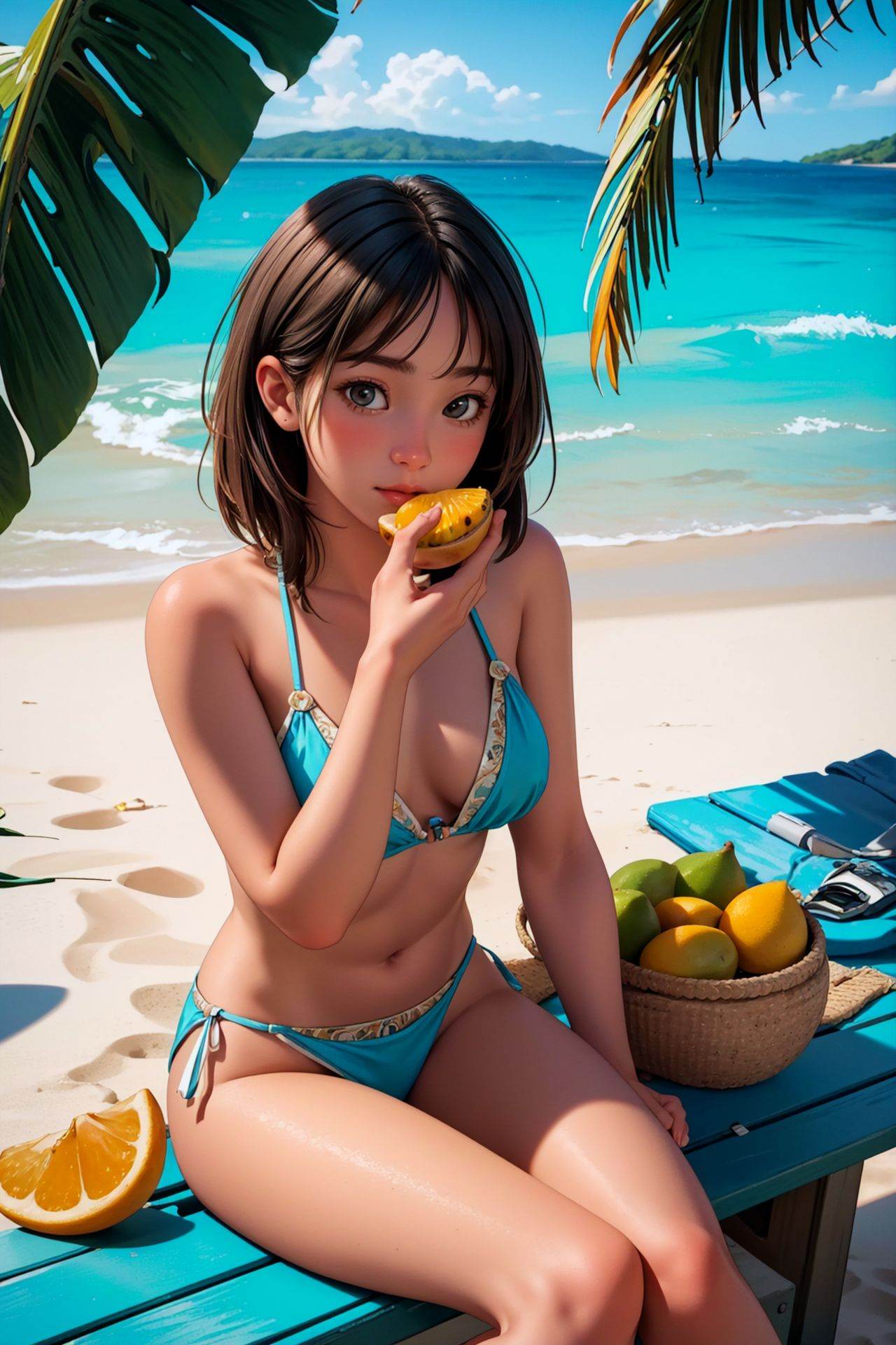 best ratio four finger and one thumb,  20yo Caucasian girl sitting on the beach of a tropical island eating tropical fruit...