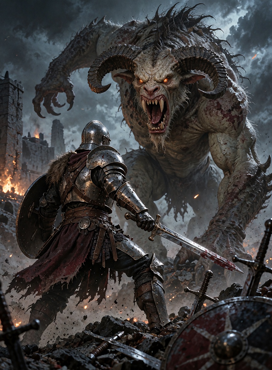 An armored dark fantasy warrior facing a monstrous beast in a ruined battlefield,  broken swords and shattered shields on...