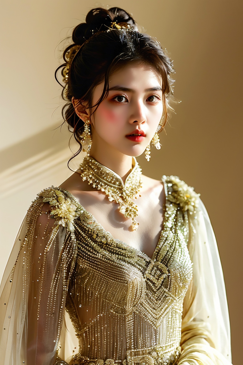 1girl,evening dress,jewelry,iridescence,upper body,white background,photo,