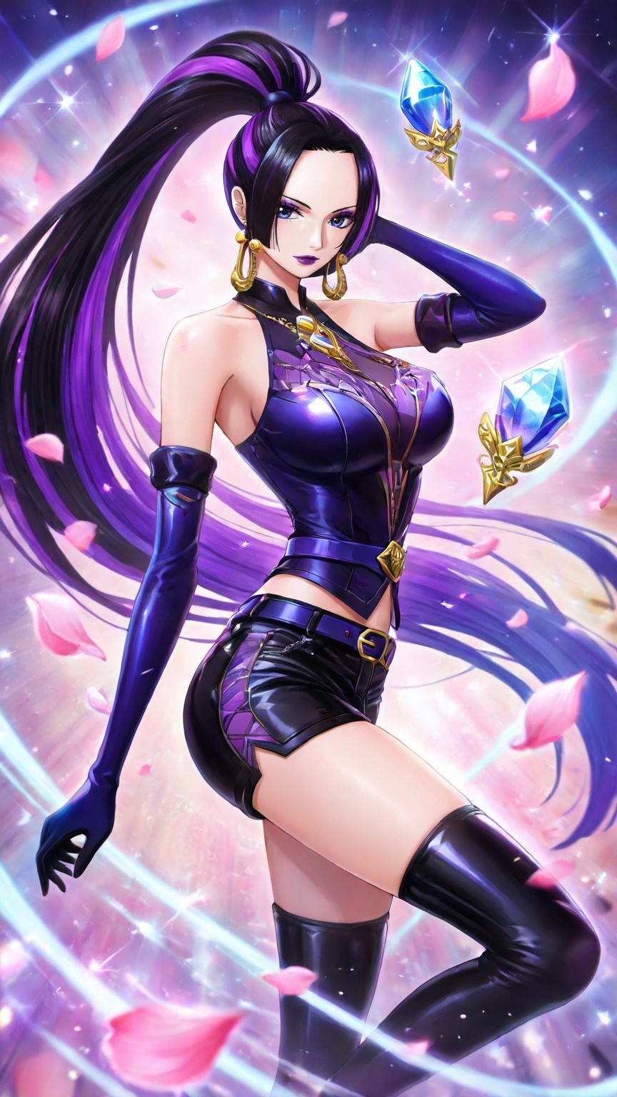 <lora:联盟女团1-000025:0.4>,lvjing,1girl,long hair,purple hair,gloves,solo,purple eyes,multicolored hair,makeup,ponytail,thighhighs,elbow gloves,jewelry,purple lips,breasts,looking at viewer,official alternate costume,earrings,two-tone hair,very long hair,eyeshadow,microphone,flower,belt,lipstick,gem,shorts,floating object,k/da \(league of legends\),high ponytail,depth of field,masterpiece,best quality,very aesthetic,alternate costume,2024,2023,perfect composition,ultra-detailed,extreme aesthetic,masterpiece,best quality,good quality,newest,year 2024,year 2023,very aesthetic,absurdres,looking_at_viewer,colorful,<lora:女帝:0.7>,boa hancock one piece,boa hancock,1girl,black hair,long hair,jewelry,earrings,blue eyes,black eyes,