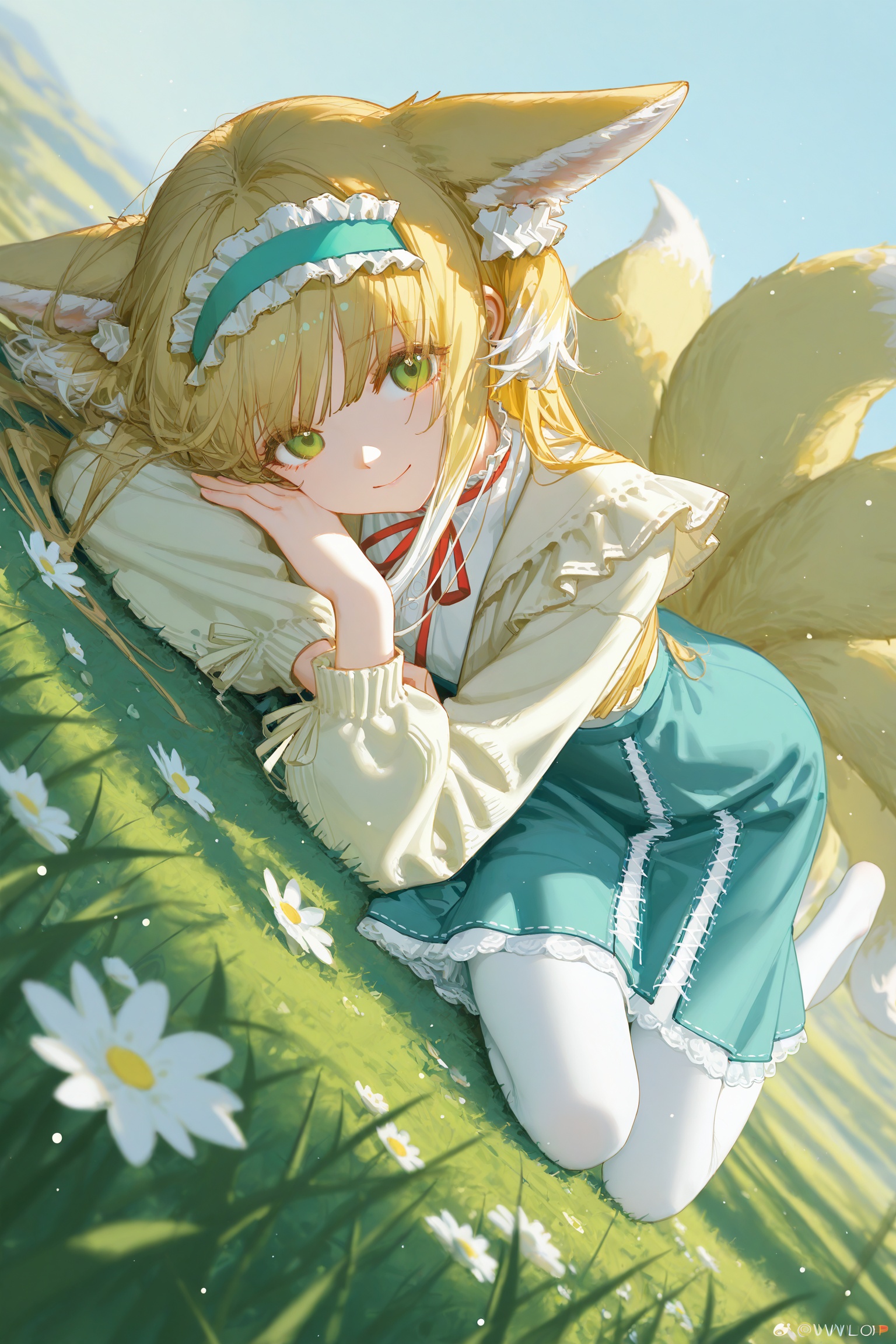 masterpiece,best quality,amazing quality,very aesthetic,absurdres,newest,scenery,1girl,suzuran \(spring praise\) \(arknights\),(ningen mame:1.1),ciloranko,[sho \(sho lwlw\)],ask \(askzy\),tianliang duohe fangdongye,rhasta,wlop,dynamic angle,dutch angle,on stomach,head tilt,head rest,animal ears,blonde hair,eyes visible through hair,frilled hairband,frilled skirt,grass,green eyes,green hairband,legs up,long hair,long sleeves,looking at viewer,lying,multicolored hair,multiple tails,neck ribbon,official alternate costume,outdoors,plant,red ribbon,ribbon-trimmed skirt,smile,solo,streaked hair,white flower,white pantyhose,white tail,yellow tail,light particles,bloom,depth of field,masterpiece,best quality,good quality,newest,highres,absurdres,