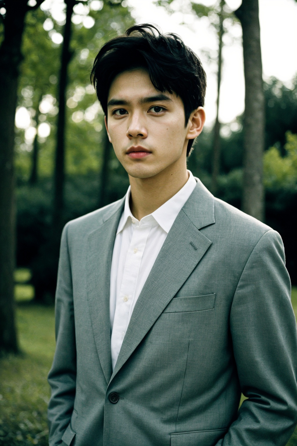 f8.0, noise, jpeg artefacts, poor lighting, low light, underexposed, high contrast, solo, 1boy, film grain, realistic, photorealistic, male focus, looking at viewer, suit, tree, outdoors, 